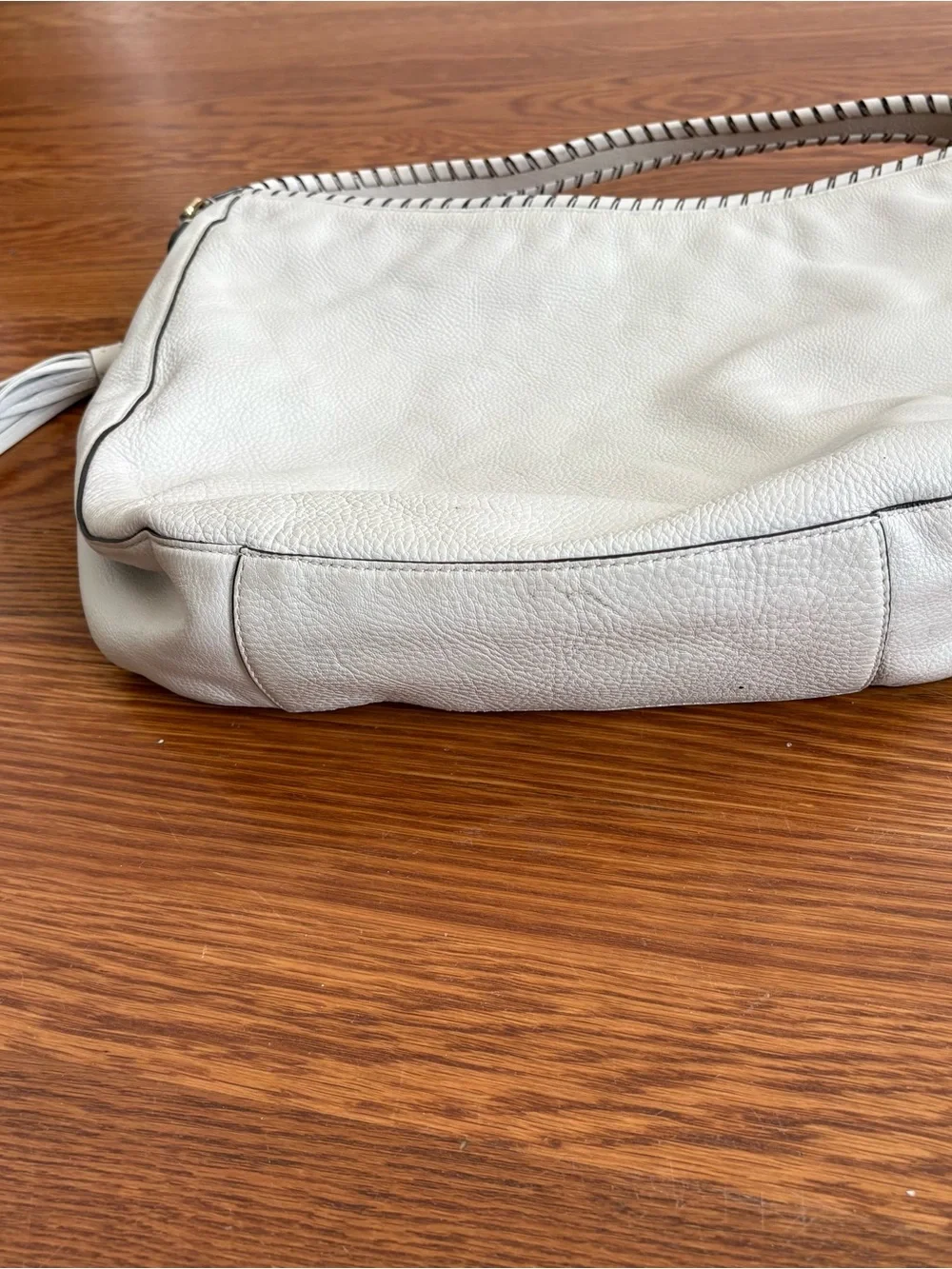Michael Kors quiet luxury Cream Pebbled Leather Tassel Hobo Bag purse gold trim